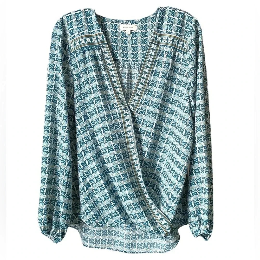 MAX STUDIO| Women’s Crepe Shirtale Faux Wrap Green/White Floral Blouse Size L